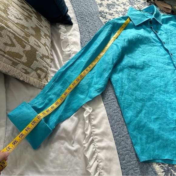 Wedding Tropics Shirt Linen Button Down Teal French Cuff Cobalt Blue Size 4X - Picture 10 of 10